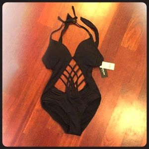 Kenneth Cole black strappy monokini one piece